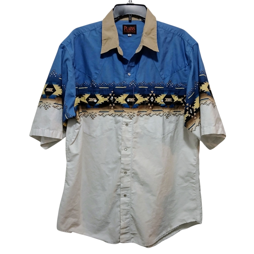 Plains Western Aztex Style XL Shirt Pearl Snaps Navajo Print